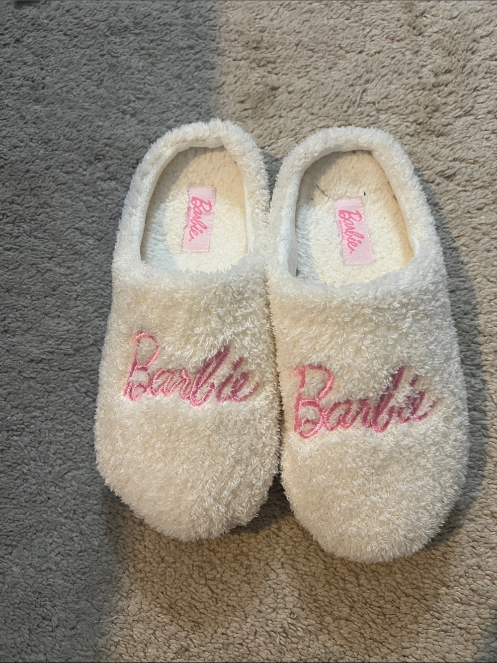 Barbie Cream Fuzzy Slippers with Pink Embroidered Logo